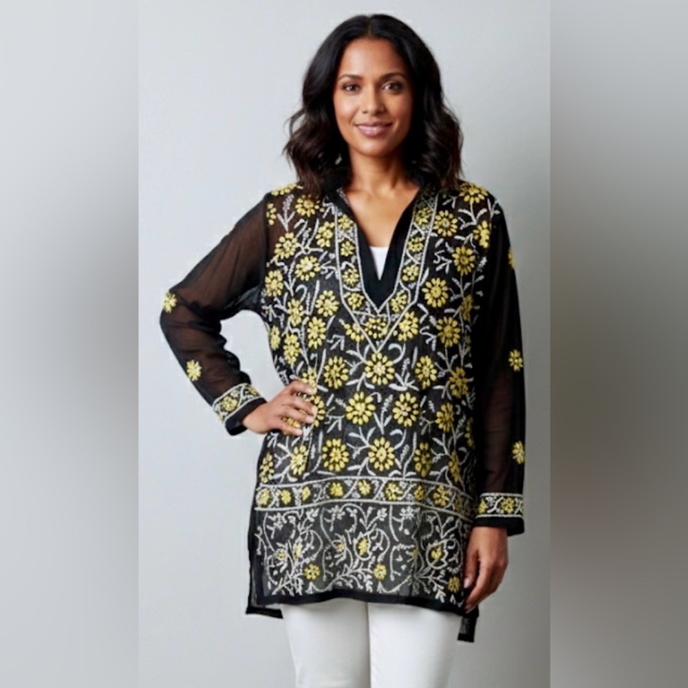 UNBRANDED Black Yellow Indian Chikankar Hand-embroidered Sheer Tunic Blouse S/M